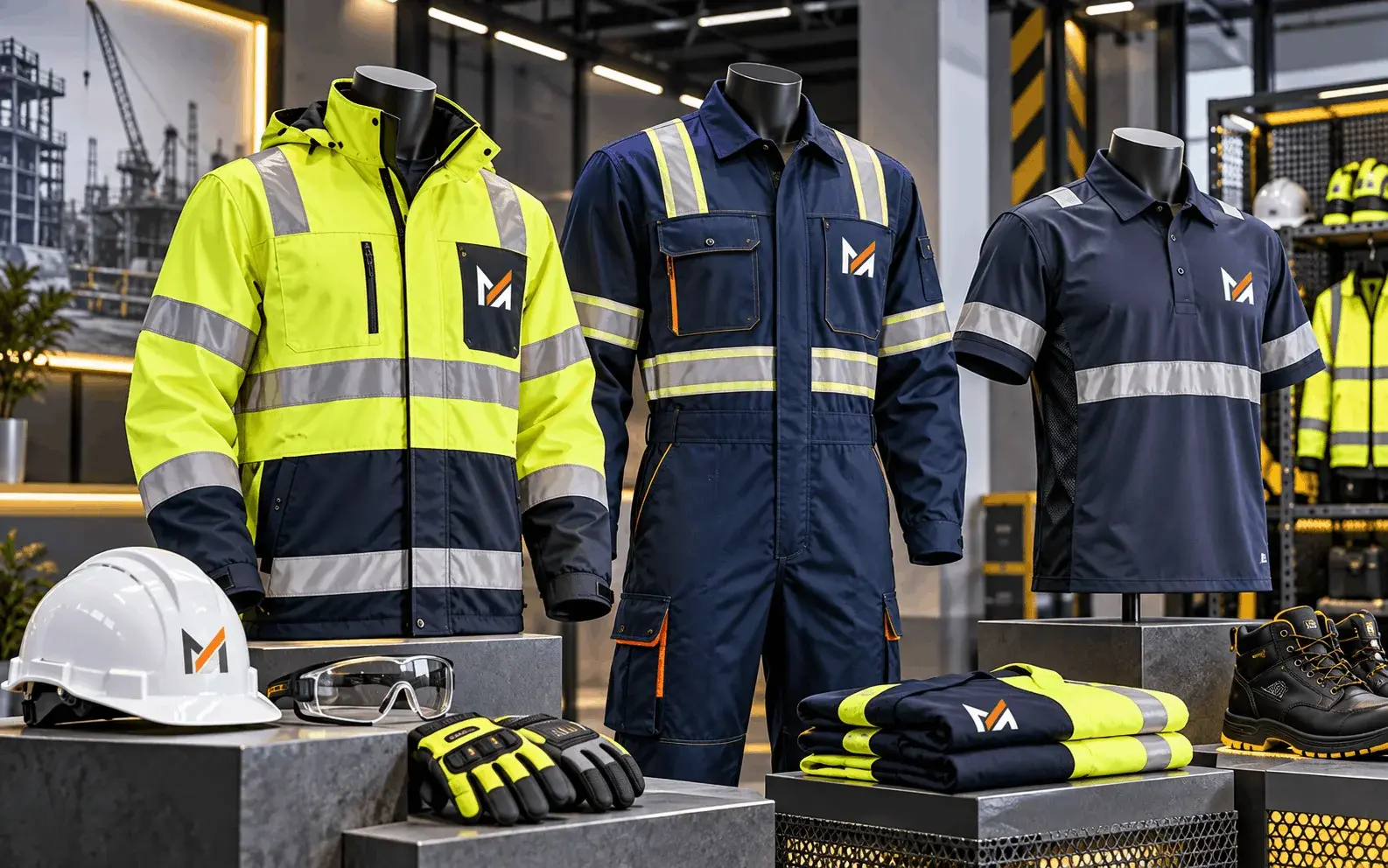  Protective safety uniforms displayed on mannequins, featuring a high-visibility reflective jacket, navy industrial coverall, reflective work polo, hard hat, safety goggles, gloves, and work boots with Mega Apparel branding.